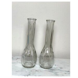 Vintage Clear Ribbed Glass Bud Vases Set of 2 9” Wedding Table Decor